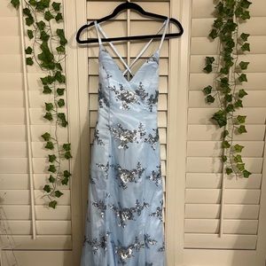 Light blue long v-neck dress with silver sparkle patches!